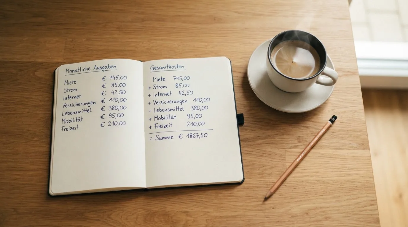 Ein Notizbuch mit handschriftlichen Notizen und ein Taschenrechner stehen auf einem Schreibtisch, daneben eine Tasse.