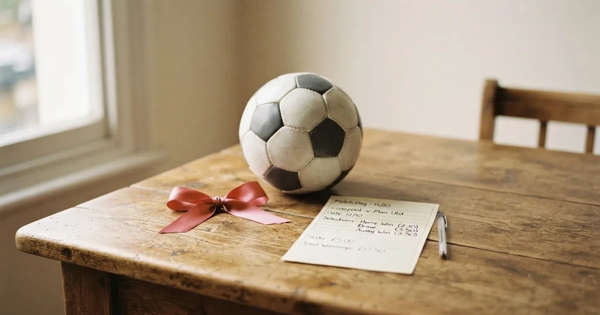 Ein kleines Geschenkband liegt neben einem Fußball und einem leeren Papier-Wettschein auf einem Holztisch im Tageslicht.