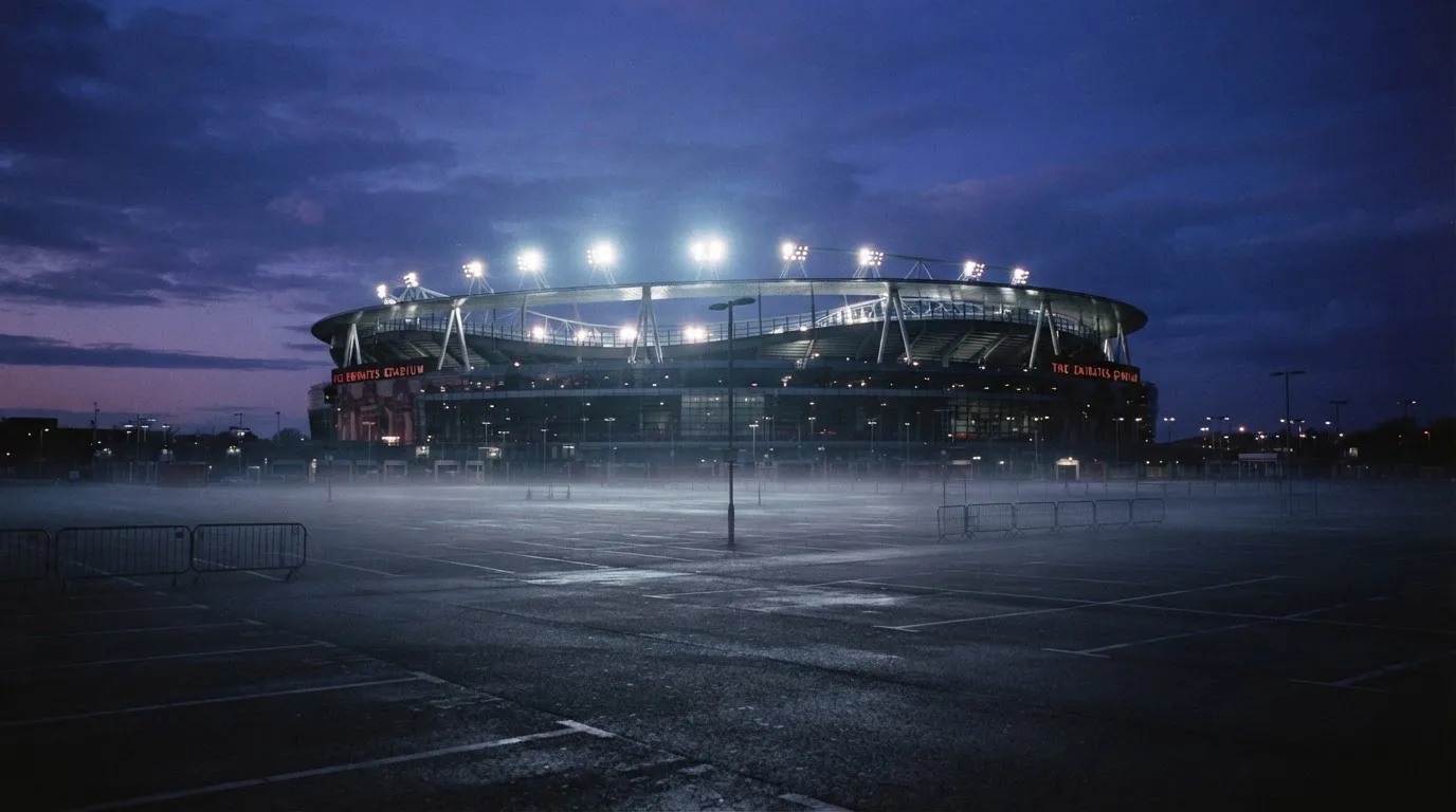 Ein Stadion unter Flutlicht aus der Ferne gesehen, davor ein leerer Parkplatz im Dunst.