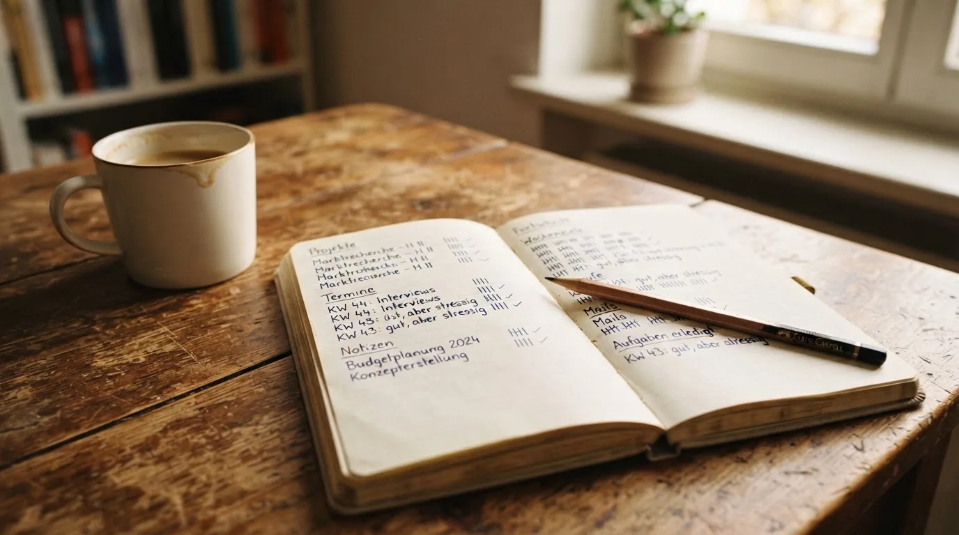 Ein Notizbuch mit handgeschriebenen Strichlisten liegt neben einem Bleistift und einer Kaffeetasse auf einem Holztisch.