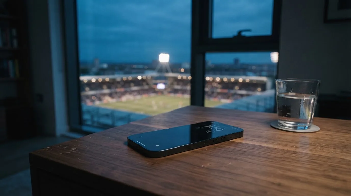 Ein Smartphone mit dunklem Display liegt auf einem Schreibtisch neben einem Glas Wasser, im Fenster dahinter ein Stadion im Dämmerlicht.