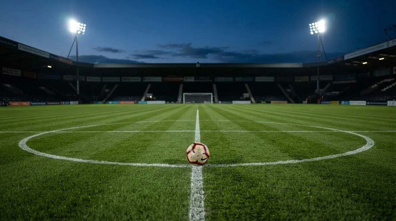 Ein Fußball liegt auf dem Mittelkreis eines leeren Rasenplatzes unter Flutlicht am frühen Abend, die Tribünen sind nur schemenhaft zu erkennen.