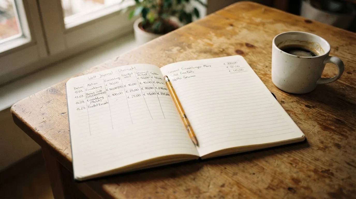Ein Notizbuch mit handschriftlichen Zahlenreihen und ein Bleistift liegen auf einem Küchentisch neben einer Tasse.