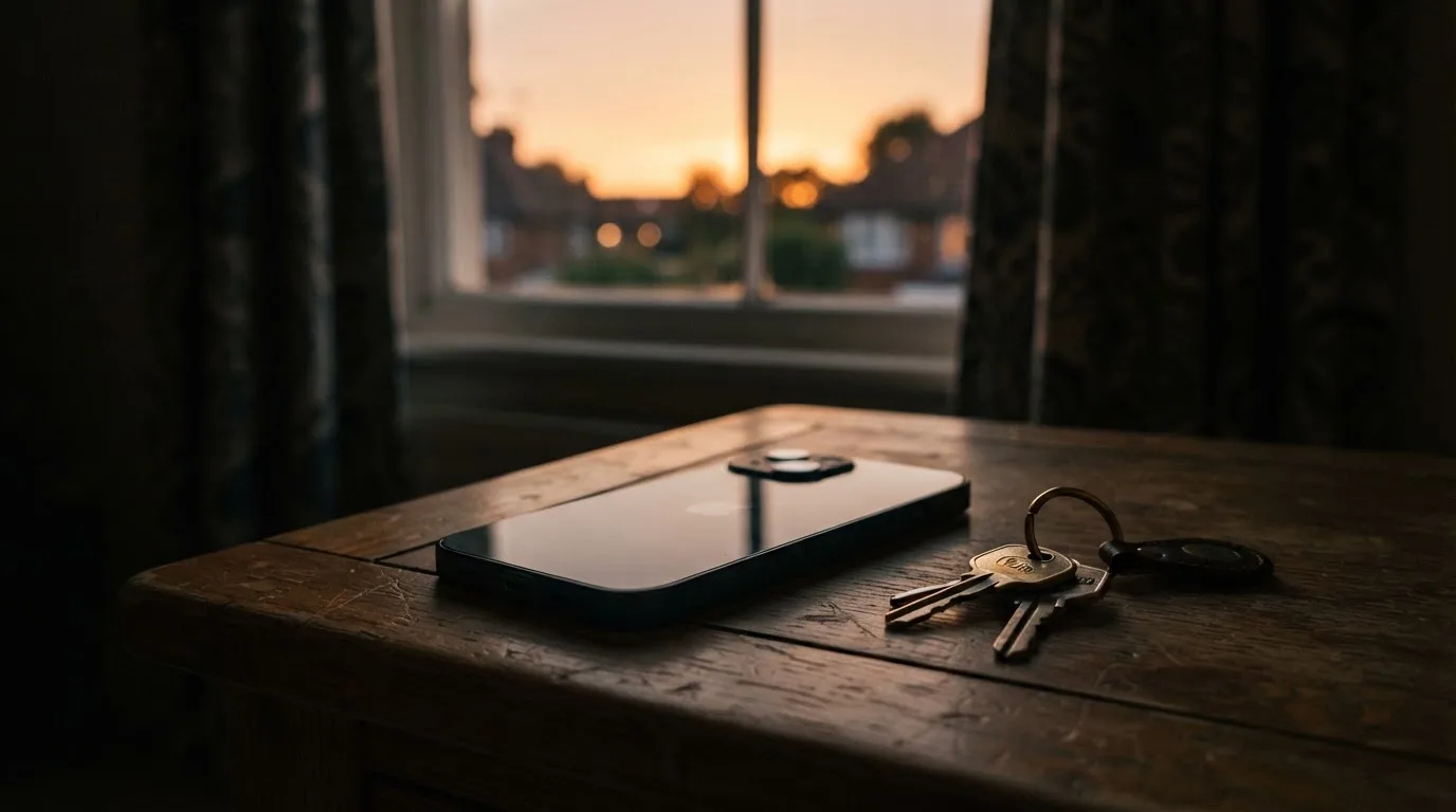 Ein Smartphone mit dunklem Display liegt auf einem Holztisch, daneben ein Schlüsselbund, im Hintergrund ein Fenster mit Abendlicht.