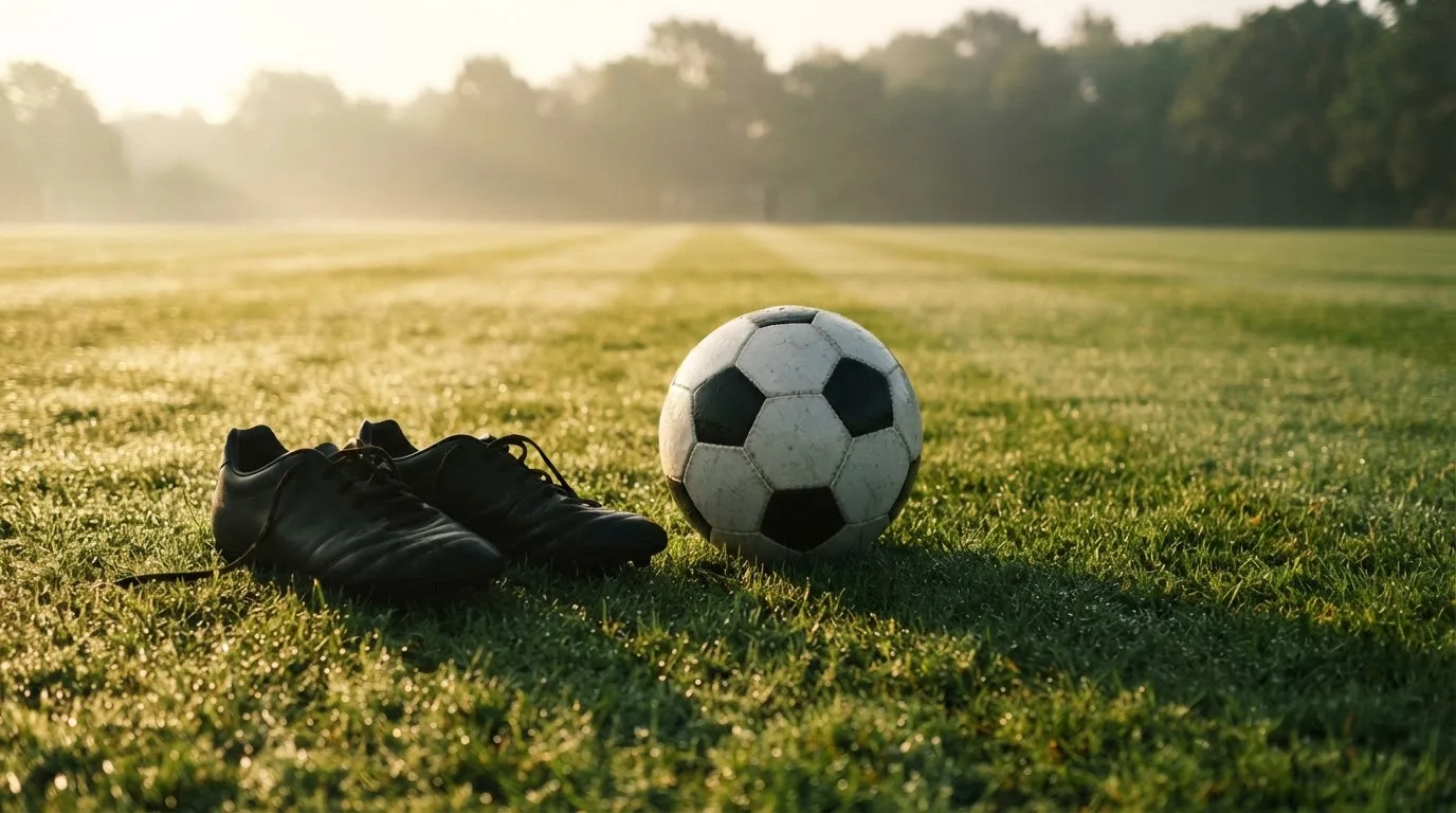 Ein Fußball auf frisch gemähtem Rasen im Morgenlicht, daneben ein Paar Fußballschuhe ohne erkennbare Marke.