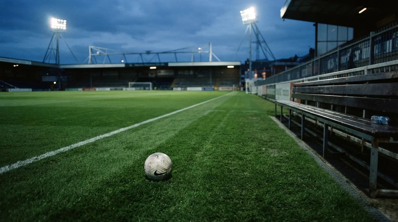 Ein Fußball liegt am Spielfeldrand neben einer leeren Ersatzbank, das Flutlicht über dem Platz leuchtet in der Dämmerung.