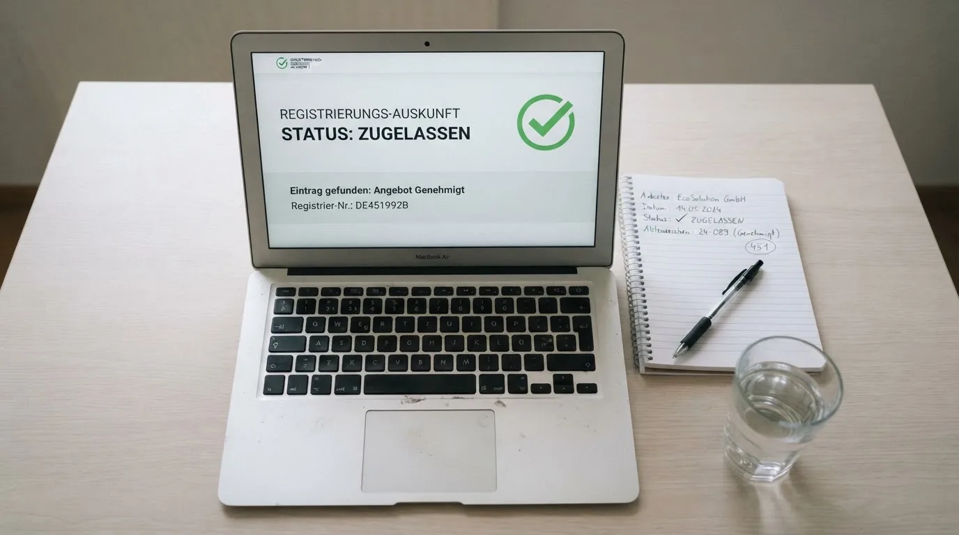 Ein Laptop mit dunklem Bildschirm steht aufgeklappt auf einem Schreibtisch, daneben ein Notizbuch und ein Glas Wasser.
