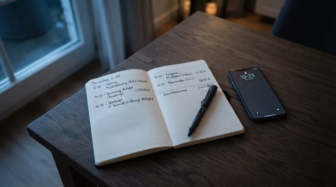 Ein Notizbuch mit handschriftlichen Zahlen liegt neben einem Smartphone mit dunklem Display auf einem Tisch, im Fenster Dämmerlicht.