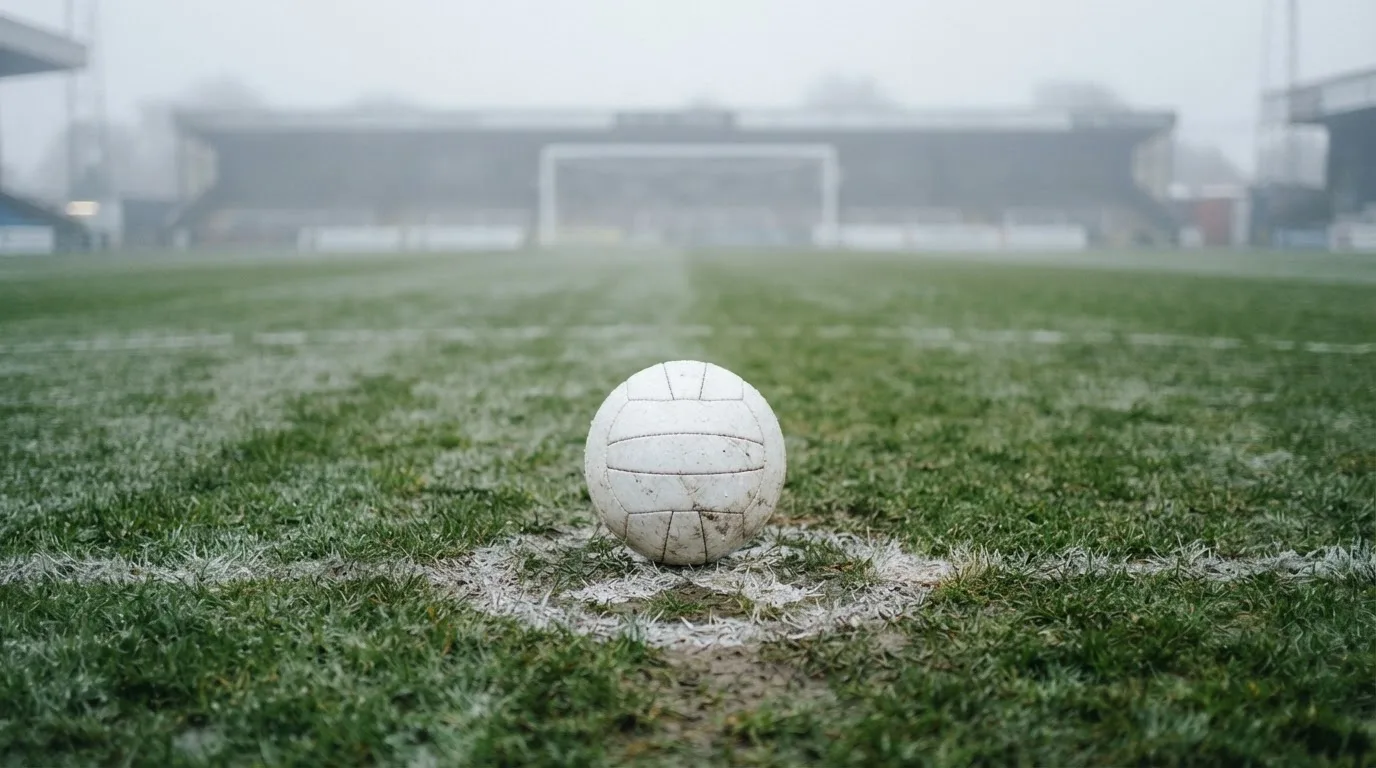 Ein Fußball liegt auf dem Elfmeterpunkt eines nassen Rasenplatzes, im Hintergrund ein leeres Tor im Nebel.