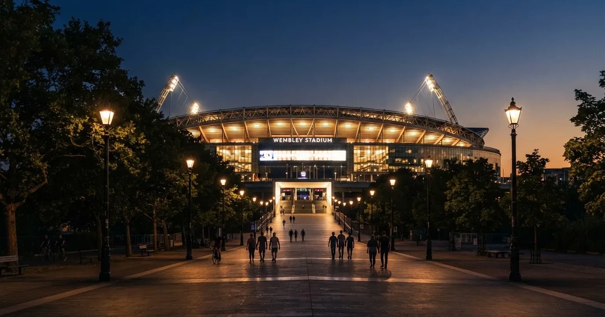 Ein großes Fußballstadion mit hell erleuchtetem Rund, aus der Ferne am Abend gesehen, davor eine breite Allee mit Laternen.