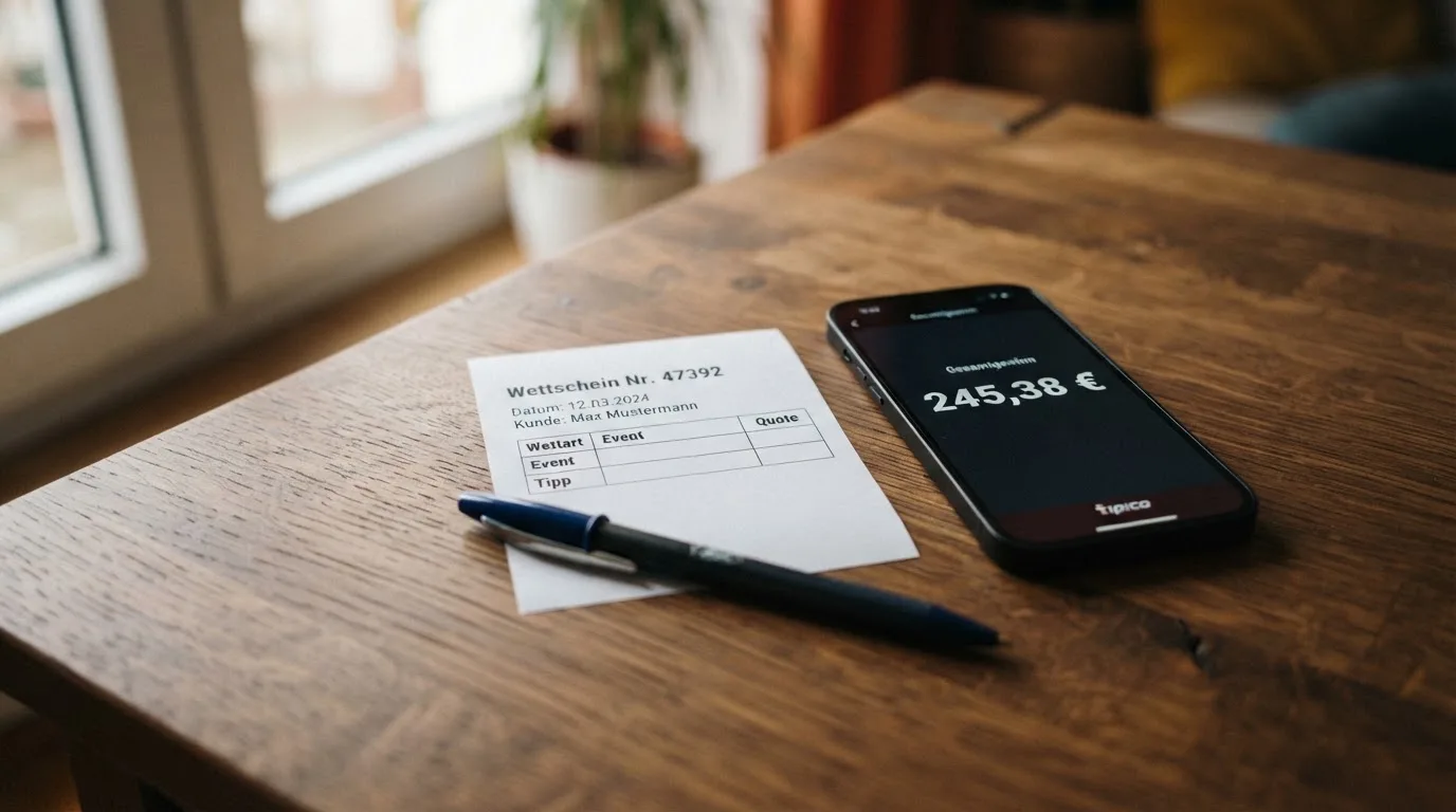 Ein leerer Papier-Wettschein und ein Kugelschreiber liegen auf einem Holztisch neben einem schwarzen Smartphone.
