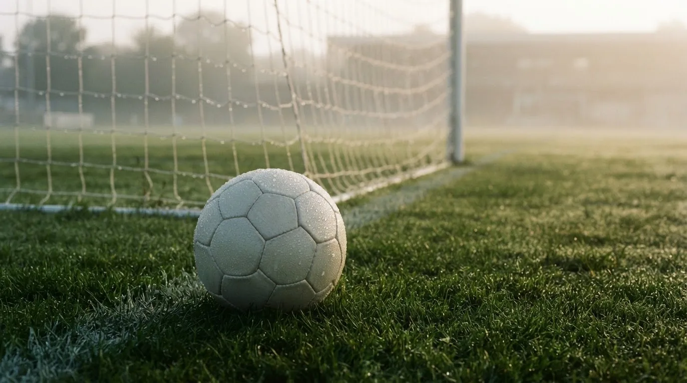 Ein Fußball liegt auf dem Rasen vor einem Tor im Morgennebel, die Netzmaschen sind taufeucht.