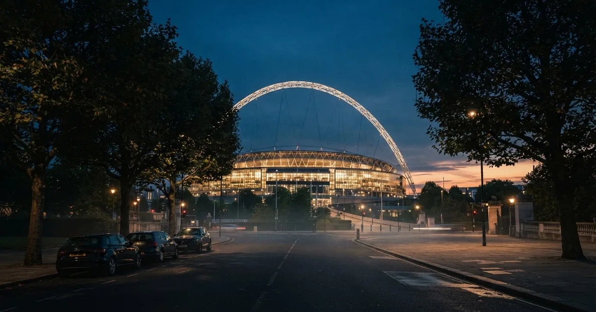 Ein hell erleuchtetes Stadion aus der Ferne bei Nacht, davor eine stille Straße und ein paar Bäume.
