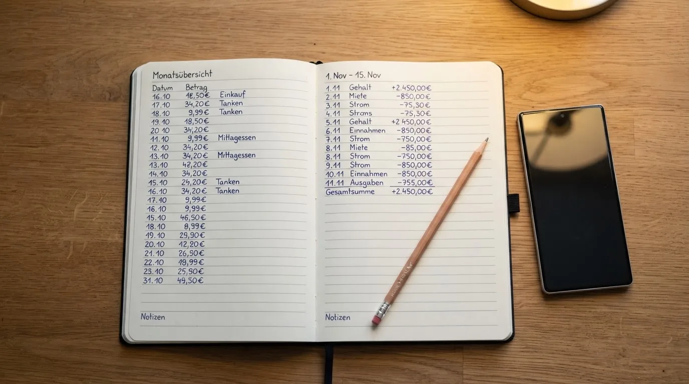 Ein Notizbuch mit handschriftlichen Zahlenreihen liegt neben einem Bleistift und einem Smartphone mit dunklem Display auf einem Tisch.