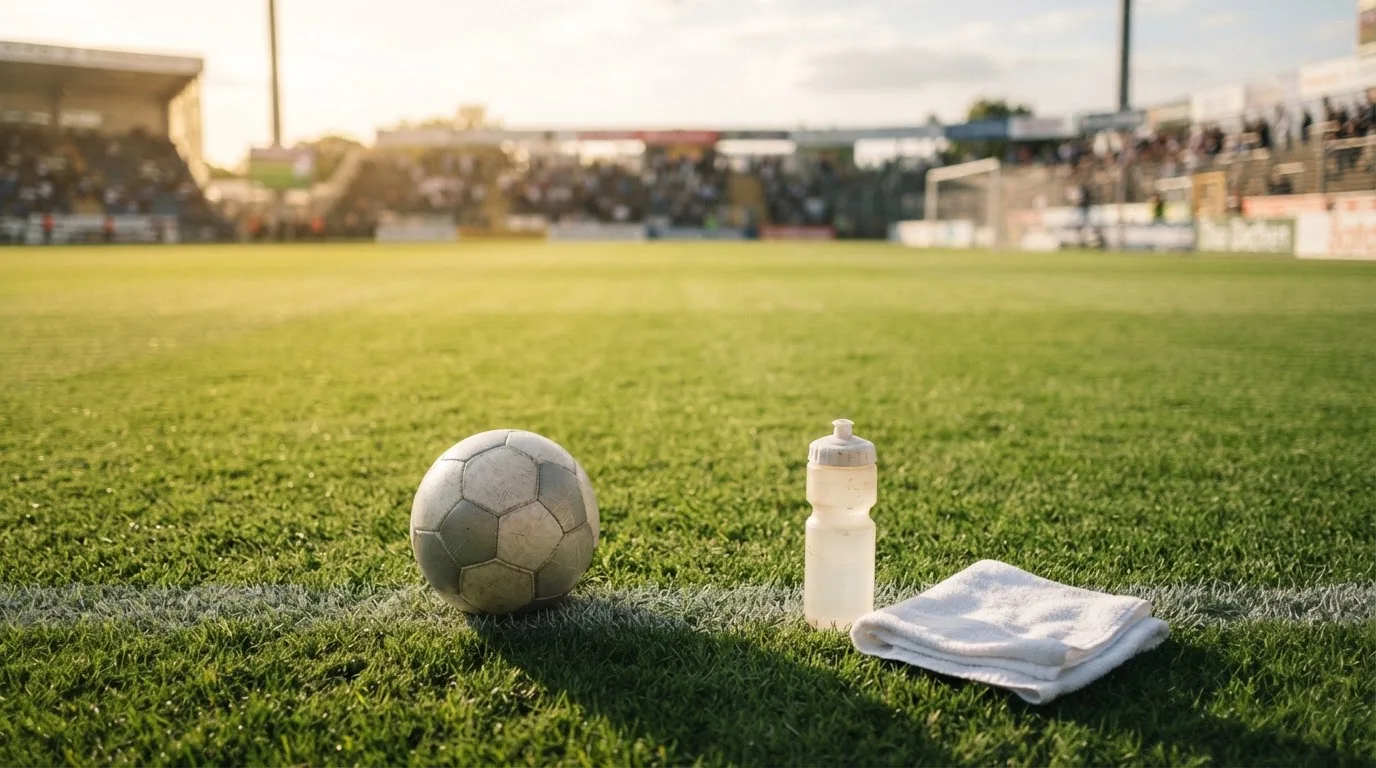 Ein Fußball auf einer Wiese neben der Seitenlinie, daneben eine Trinkflasche ohne Aufdruck und ein Handtuch.