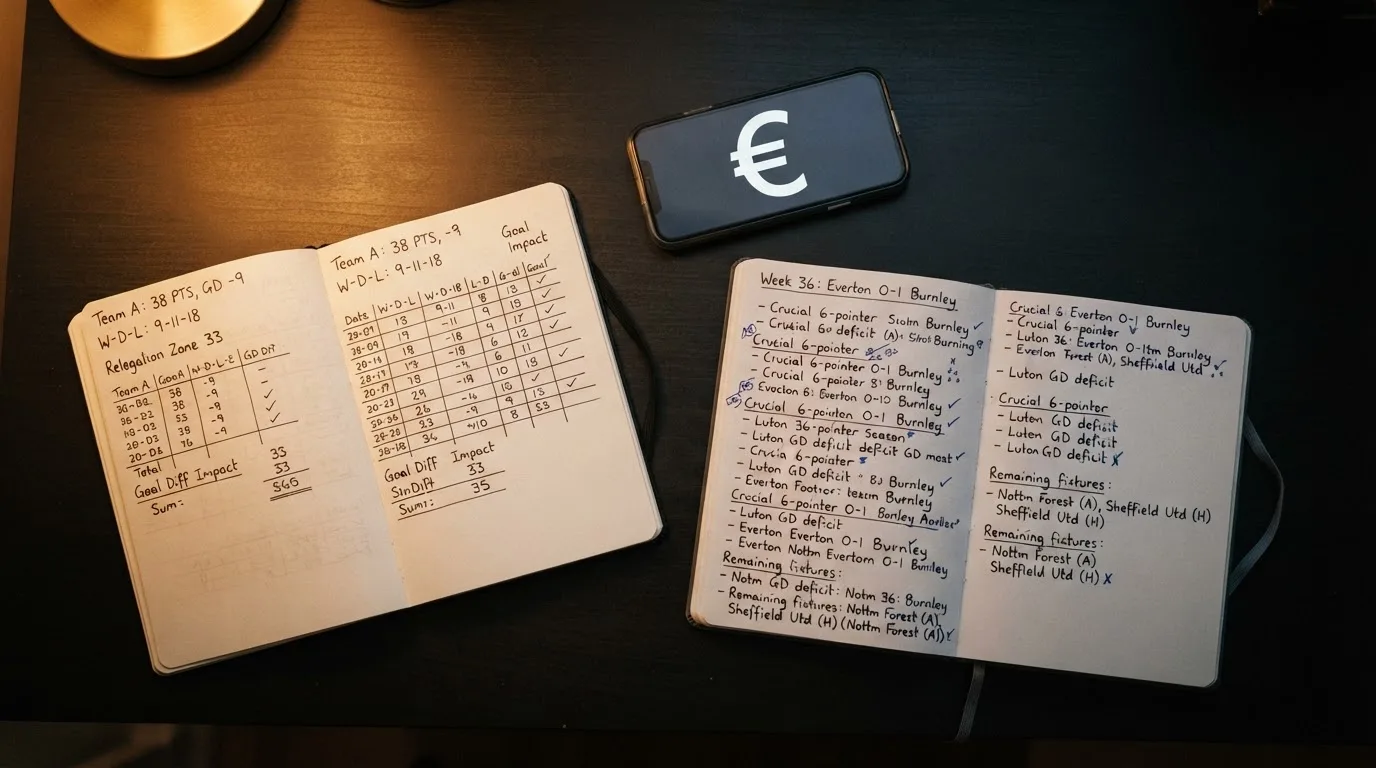 Ein Notizbuch mit handschriftlichen Notizen und ein Taschenrechner liegen auf einem Schreibtisch neben einem Smartphone mit dunklem Display.