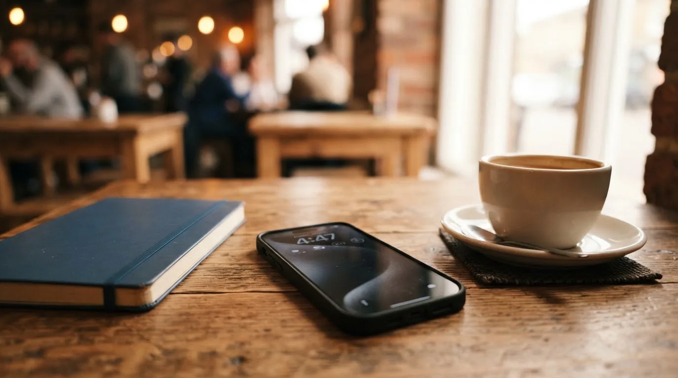 Ein Smartphone liegt mit schwarzem Display neben einer Kaffeetasse und einem Notizblock auf einem Café-Tisch.