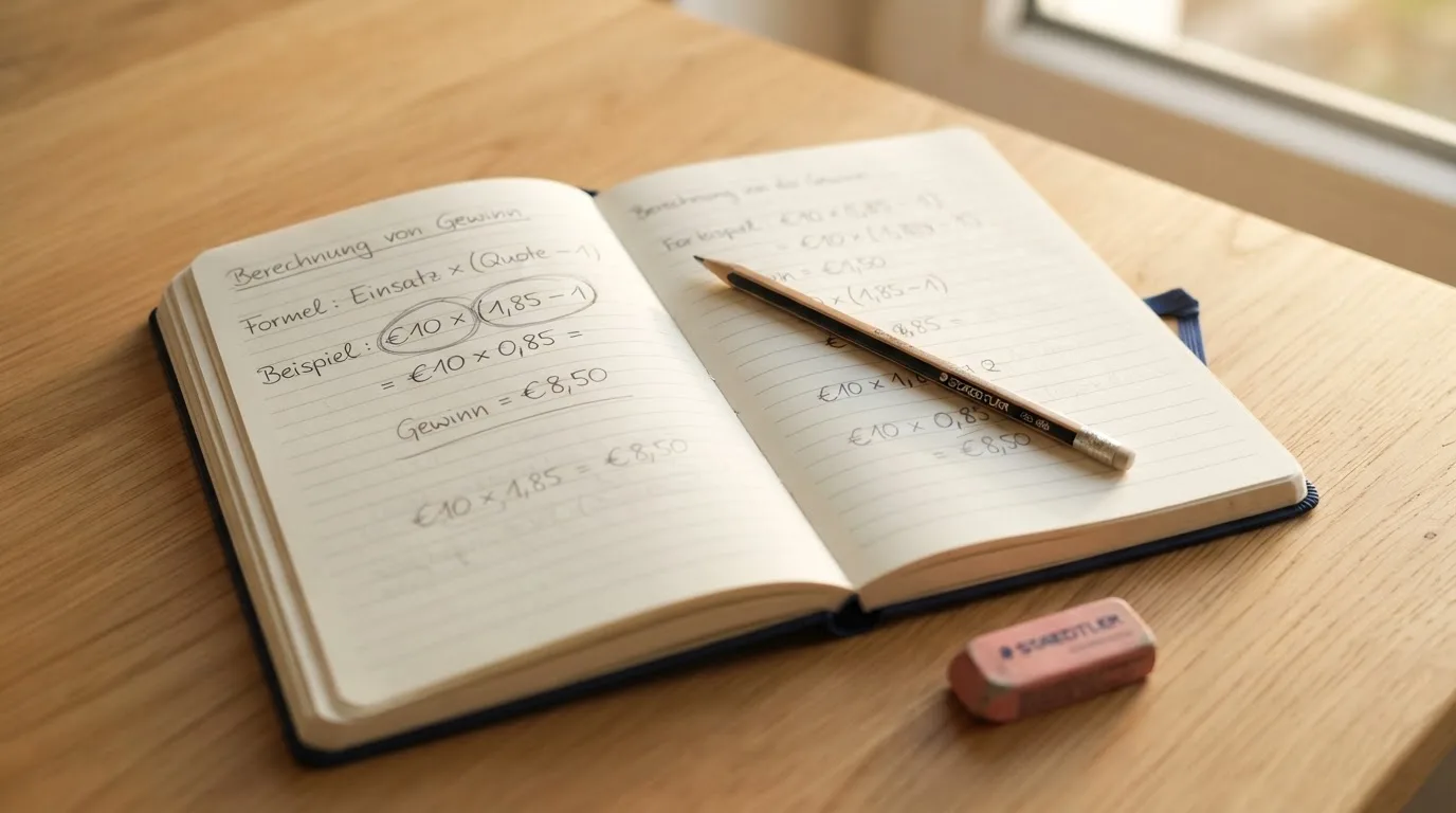 Ein Notizbuch mit handschriftlichen Multiplikationen liegt aufgeschlagen auf einem Holztisch, daneben ein Bleistift und ein Radiergummi.