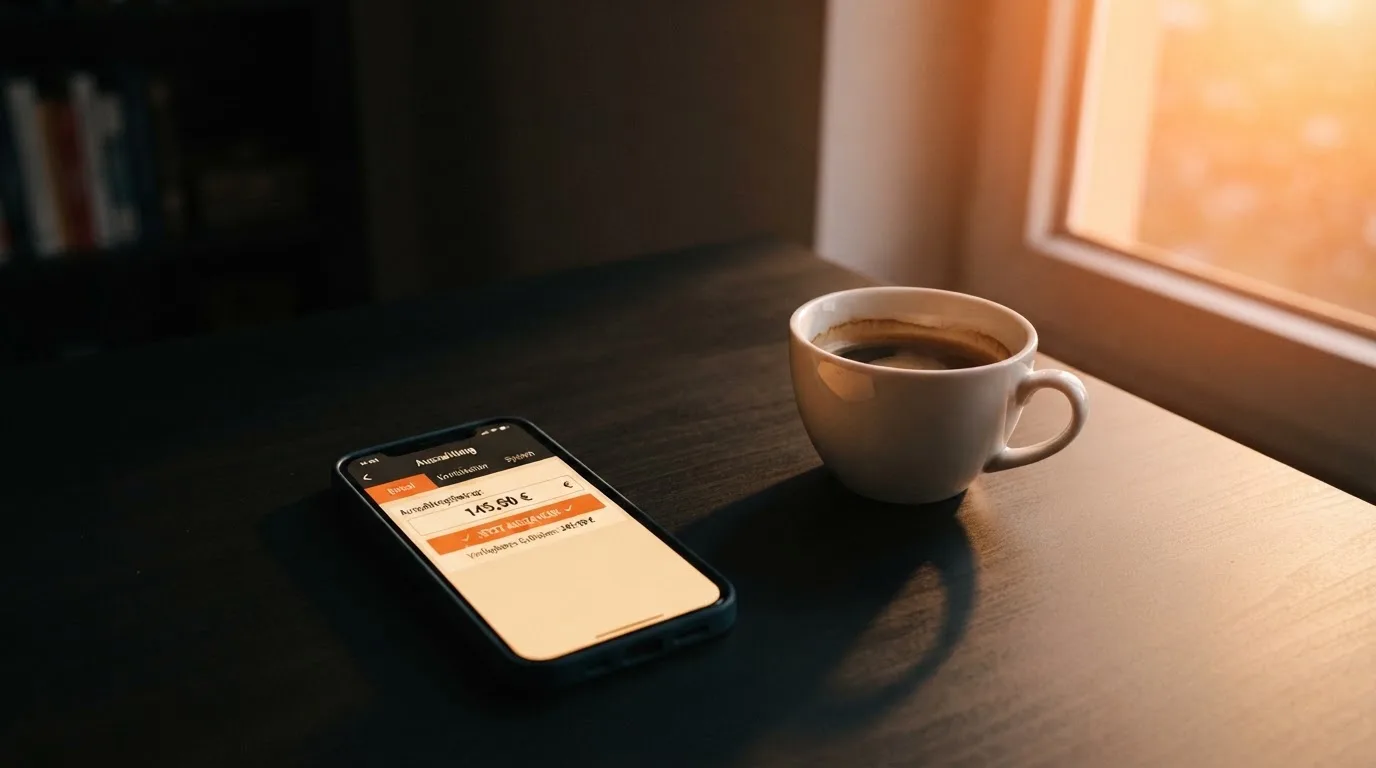 Ein Smartphone mit dunklem Display liegt neben einer Kaffeetasse auf einem Schreibtisch, durch das Fenster fällt Abendlicht.