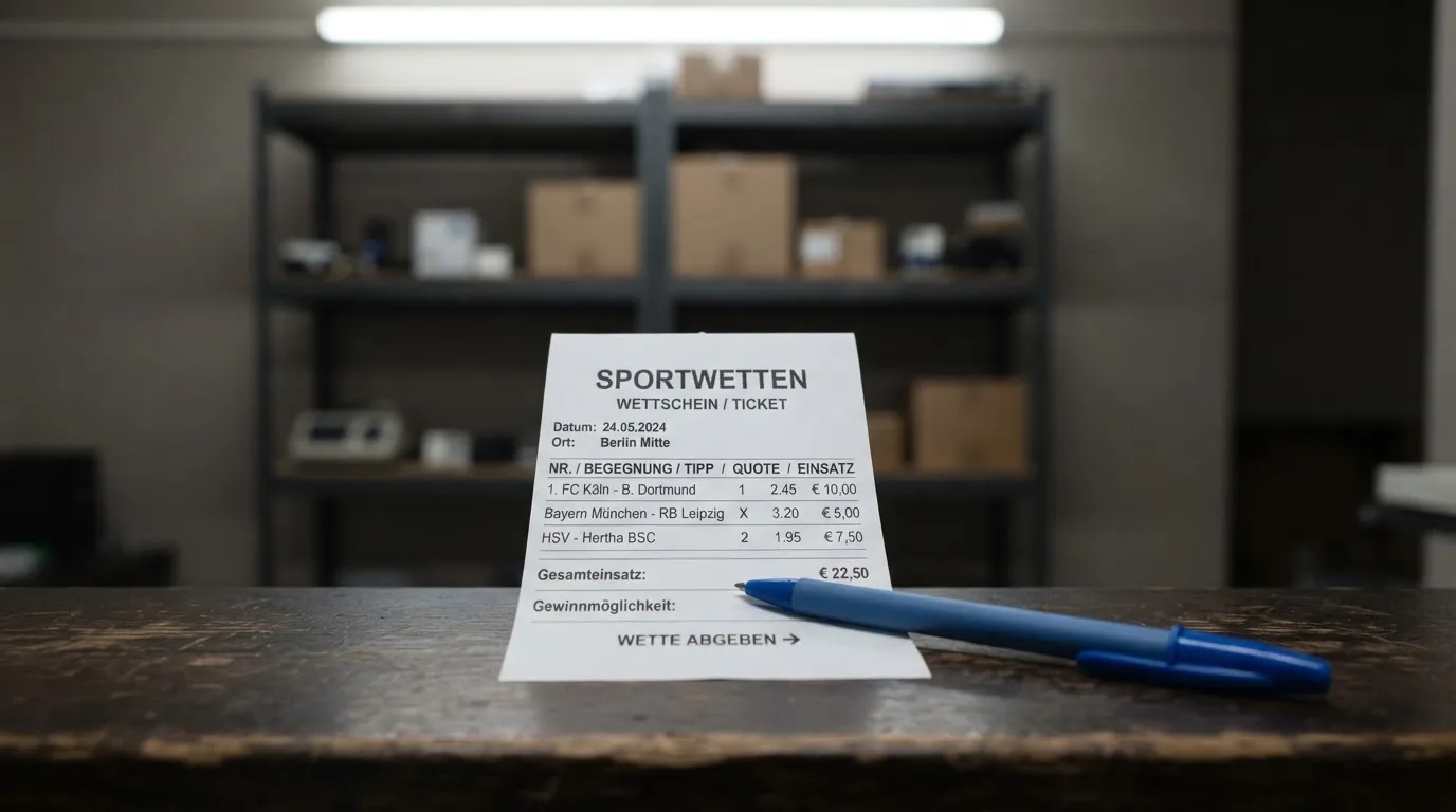 Ein leerer Wettschein aus Papier liegt neben einem Kugelschreiber auf einem Tresen, im Hintergrund unscharf ein Regal.