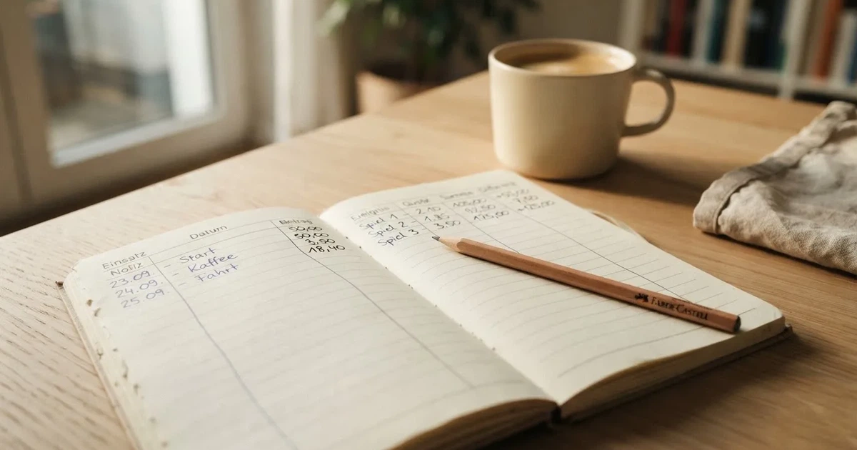 Ein aufgeschlagenes Notizbuch mit handgezeichneten Spalten und Strichen liegt neben einem Bleistift und einer Kaffeetasse auf einem Tisch am Morgen.