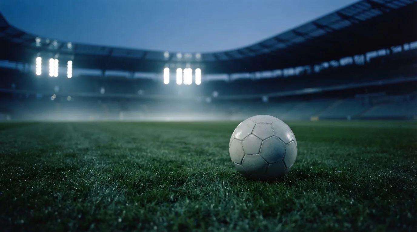 Ein Fußball liegt auf einem Rasenplatz in der Dämmerung, im Hintergrund ein ferner Stadionrand unter Flutlicht.