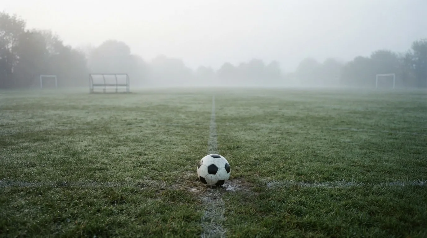 Ein Fußball liegt in der Mitte eines leeren Rasenplatzes im Morgennebel, am Rand steht eine einzelne Auswechselbank.