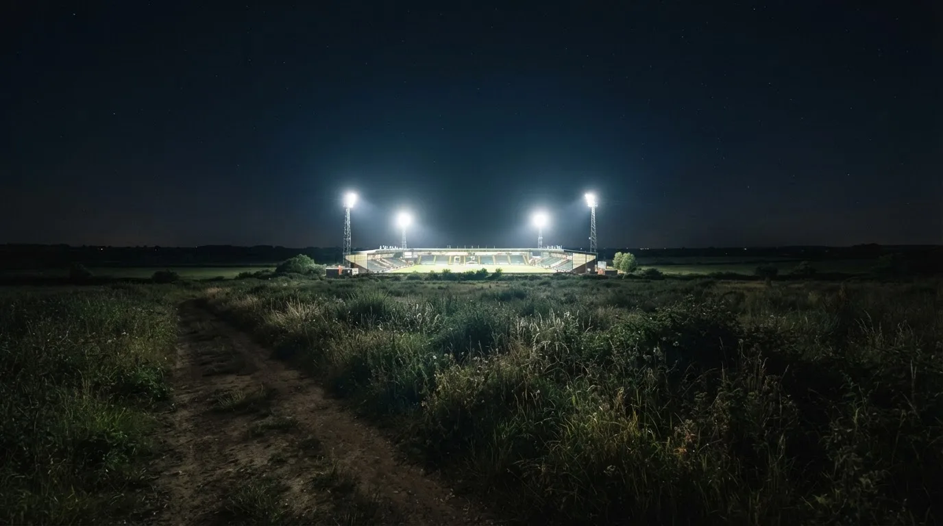 Ein Stadion unter Flutlicht von weitem gesehen, davor ein Feld und ein Feldweg im Dunkeln.